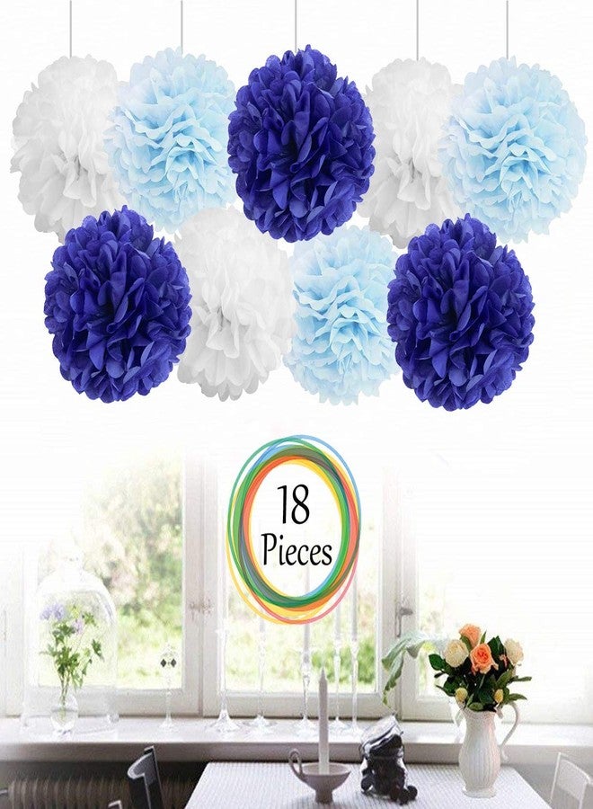 AMFIN 18 Pcs. 10" Tissue Paper Pom Pom Flower Balls for Birthday Wedding Party Anniversary Welcome Baby Shower Decorations - Navy Blue, Light Blue & White - Image 2